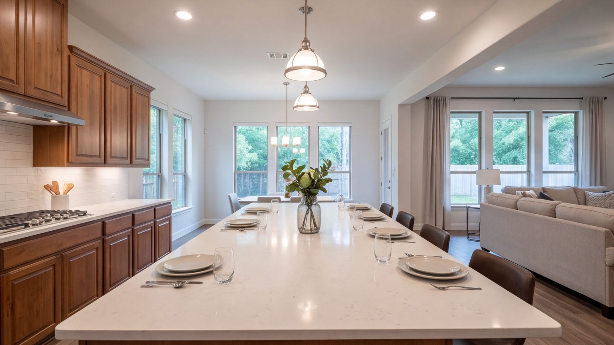 wide kitchen island set for a family dinner, pendant lights on, open to the living room