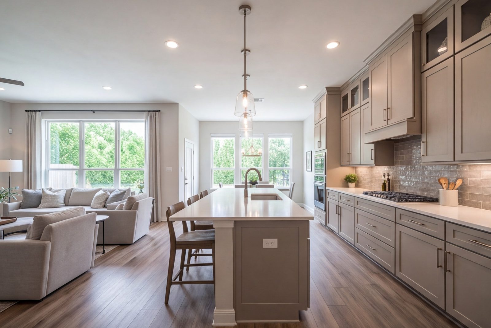 Cinco Ranch kitchen open to the family room with a long island and pendant lights