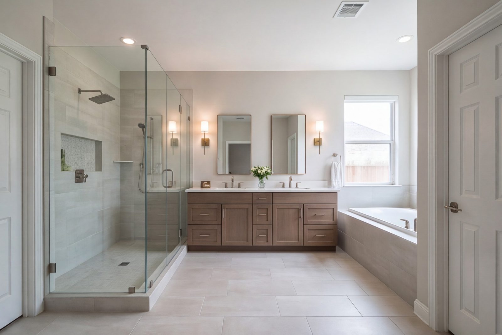 Katy primary bathroom with a large glass shower and wood-toned double vanity