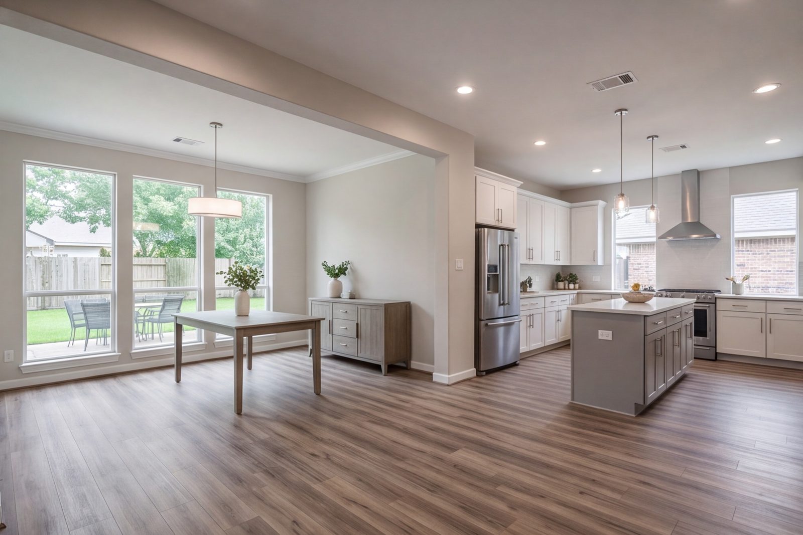 Fulshear first floor with former dining room opened to the kitchen and new hardwood-look floors