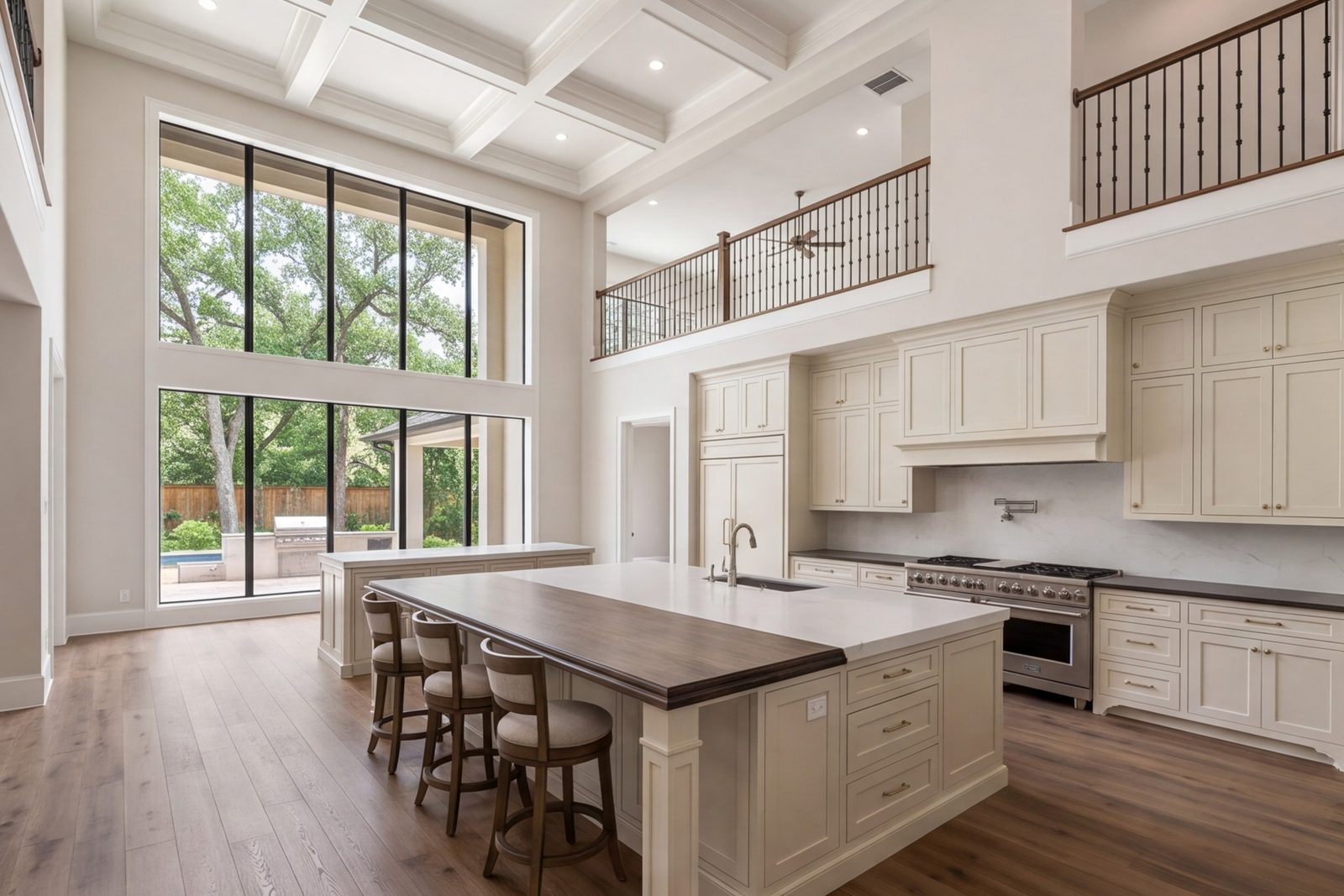 Bear Creek kitchen with a wide range wall, clean cabinets and a large island