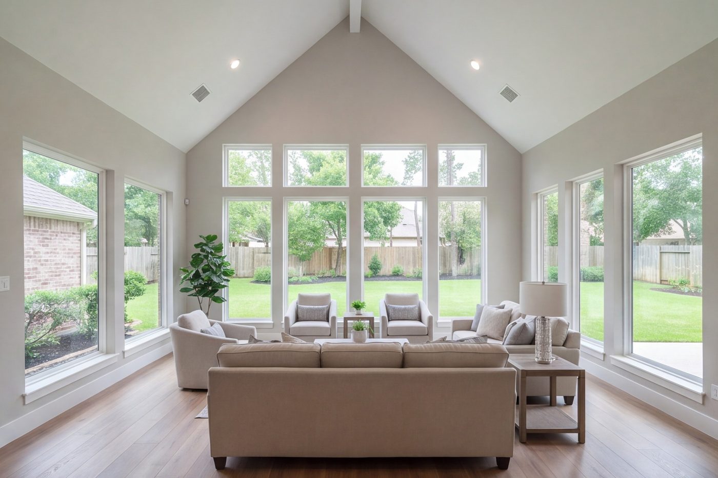 wide new family room addition with tall windows opening to the back yard