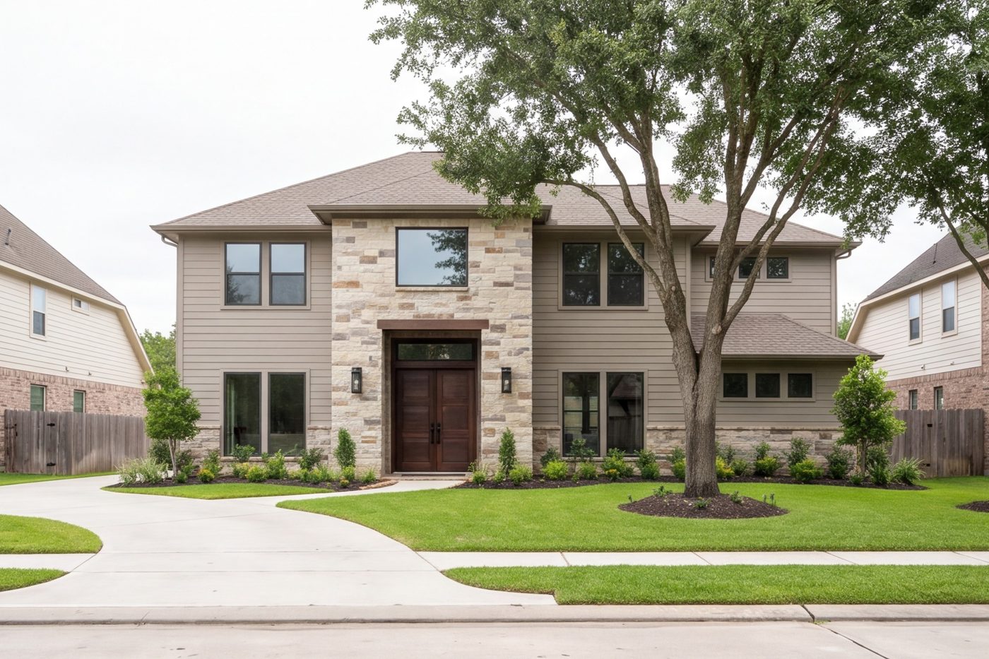 wide front of a 1990s builder home updated with stone, new siding and a bold entry