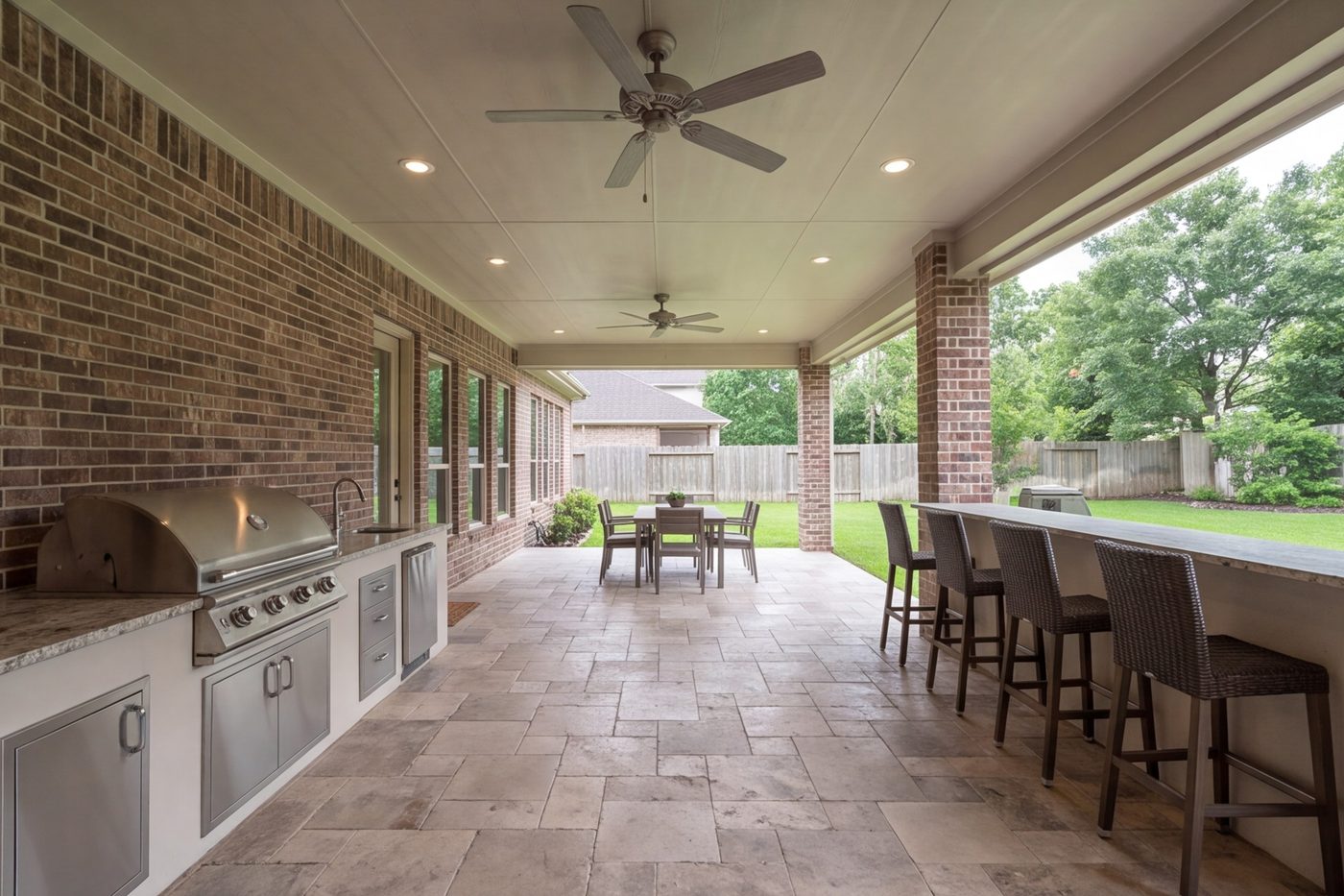 wide covered patio with grill line, bar seating and ceiling fans, lawn beyond